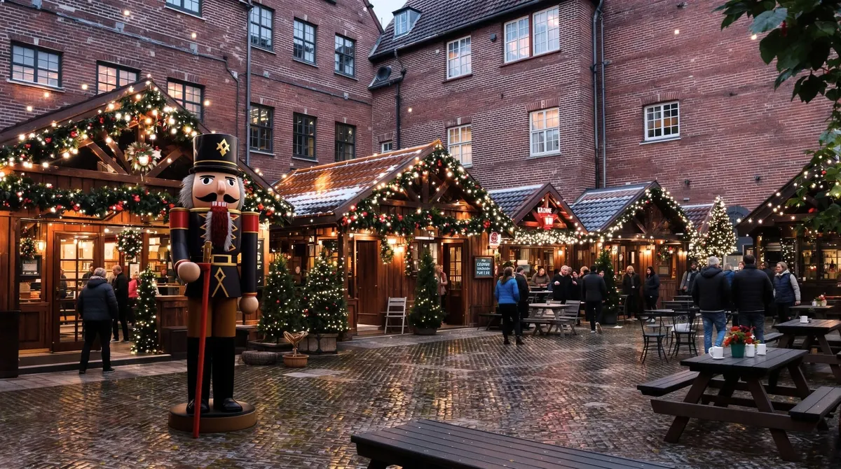Winterhof im Innenhof der Krone in Lüneburgs Altstadt mit großem Nussknacker und Hütten