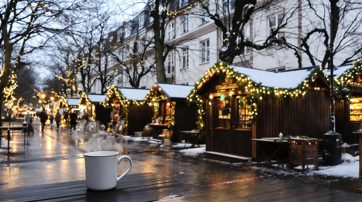 Skandinavisches Winterdorf mit Holzhütten und Lichterketten in der Osterstraße in Eimsbüttel