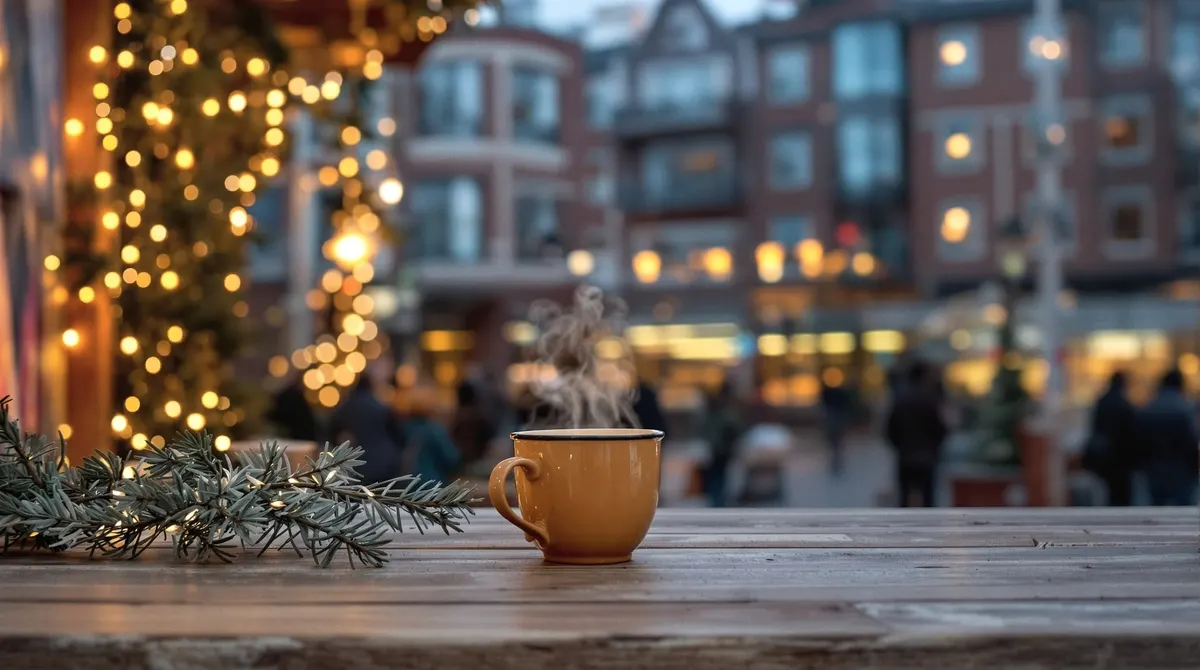 Kleine Holzbuden mit Lichterketten auf einem Campus-Platz in Lüneburg am Abend