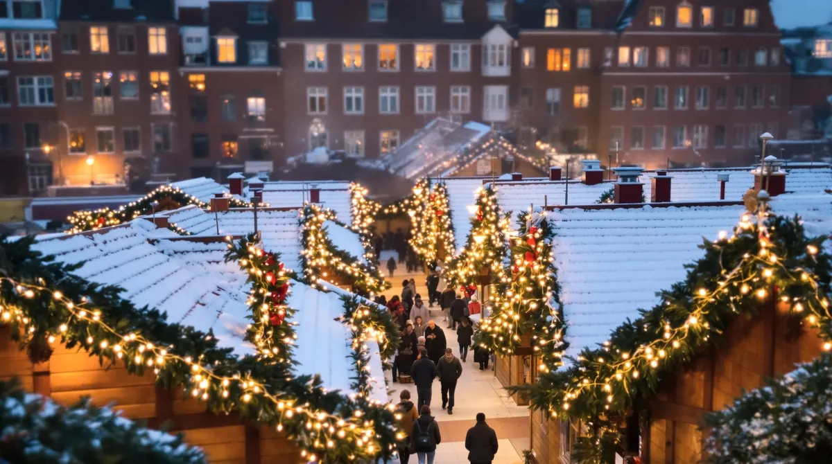 Abendlicher Weihnachtsmarkt in Hamburg aus leichter Höhe, Hüttendächer mit Lichterketten