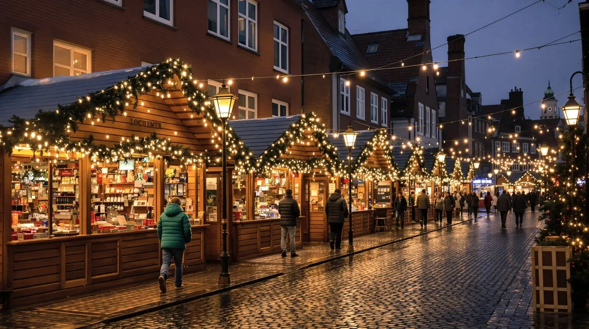 Holzbuden mit Tannengrün und Lichterketten in der Innenstadt von Uetersen am frühen Dezemberabend