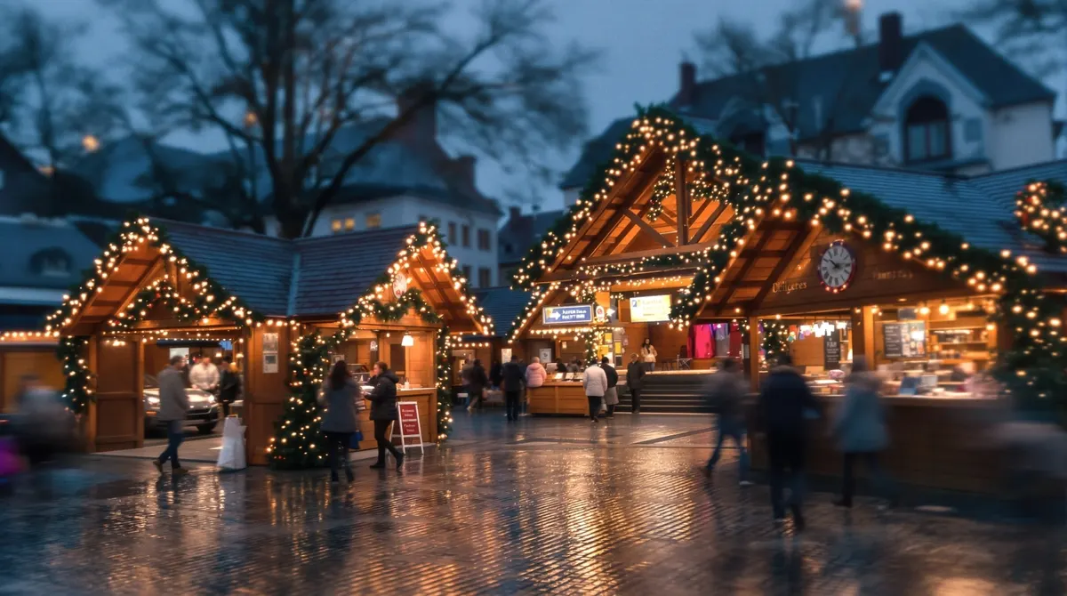 Weihnachtsmarkt auf dem Forumsplatz in Quickborn mit beleuchteten Holzbuden und nassem Pflaster