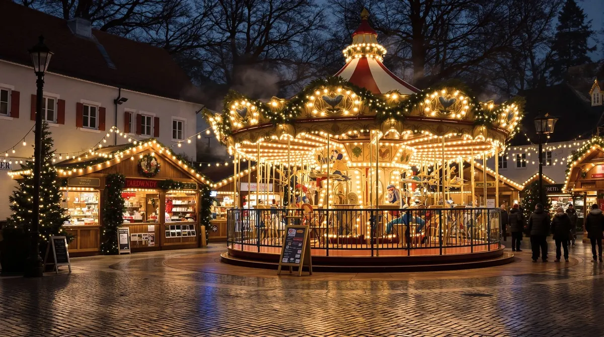 Adventsmarkt auf dem Rondeel in Ahrensburg mit Kinderkarussell, Holzbuden und warmem Licht