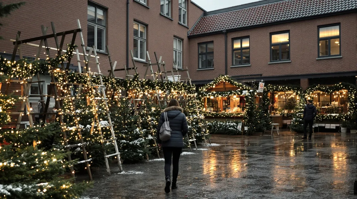 Nordmanntannen und kleine Holzbuden im Werkstatthof in Ahrensburg an einem Dezemberabend