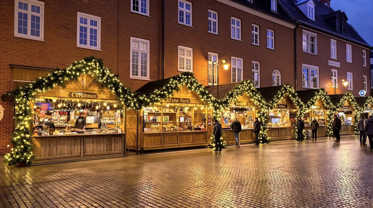 Kleiner Weihnachtsmarkt mit wenigen Holzbuden vor dem Rathaus in Bargteheide am frühen Abend