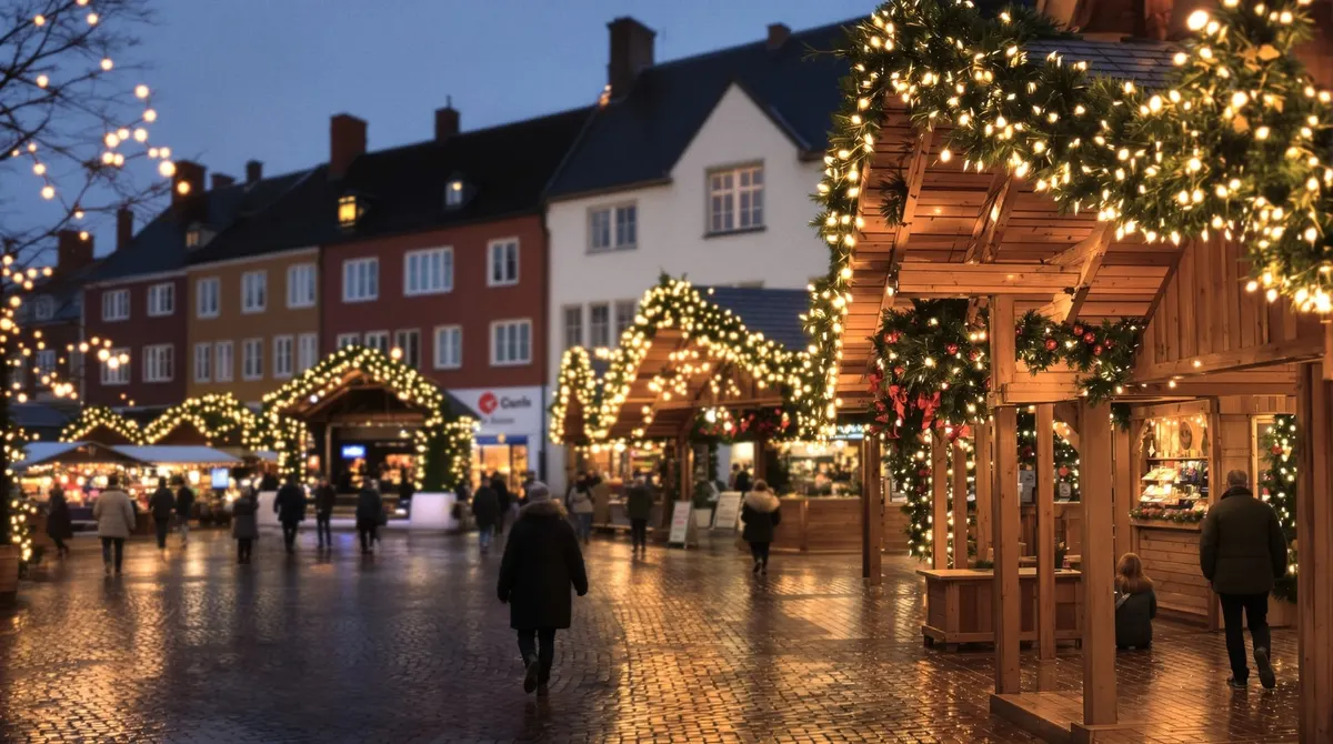 Holzbuden mit Lichterketten auf dem Marktplatz in Bad Segeberg, nasses Pflaster am Dezemberabend