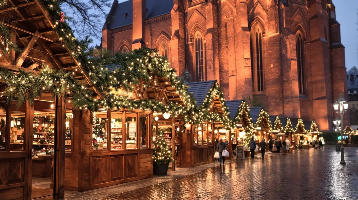 Adventsstände auf der Domhalbinsel Ratzeburg, im Hintergrund unscharf der Backsteindom