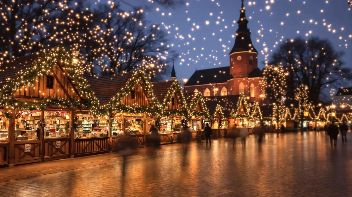 Lichtermeer und Holzbuden auf dem Kirchplatz in Winsen, dahinter unscharf die Backsteinkirche