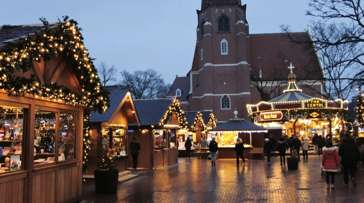 Weihnachtsmarkt an der Kirche in Meckelfeld mit Holzbuden und kleinem Fahrgeschäft