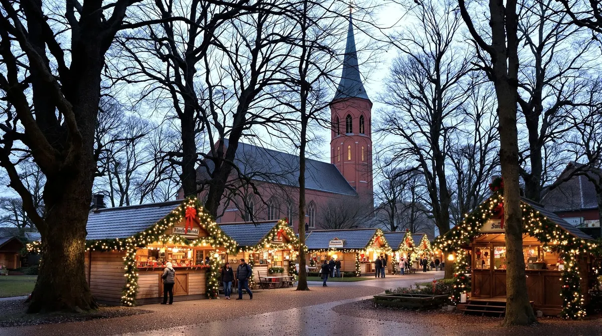 Holzbuden mit Lichterketten unter alten Bäumen im Klosterpark Harsefeld am Adventsabend