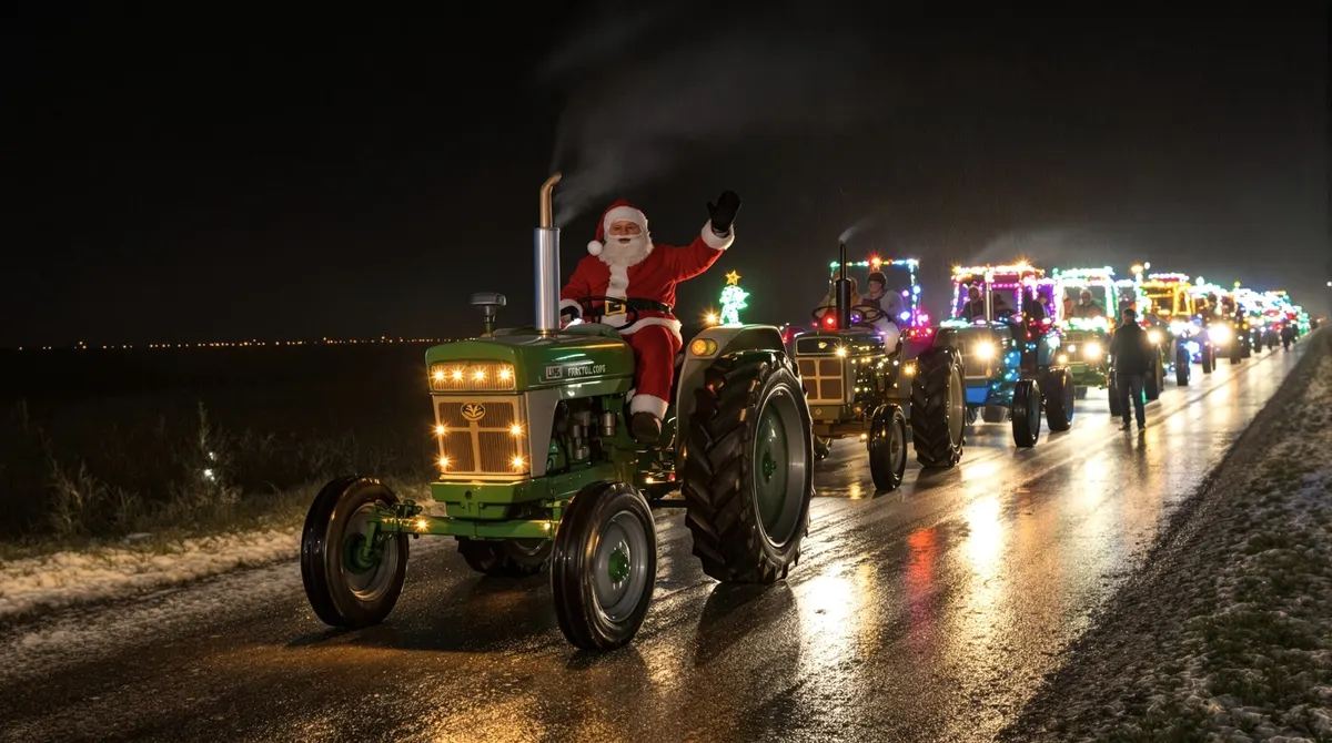 Geschmückte Oldtimer-Trecker mit Weihnachtsmann am Steuer fahren nachts über einen Deich