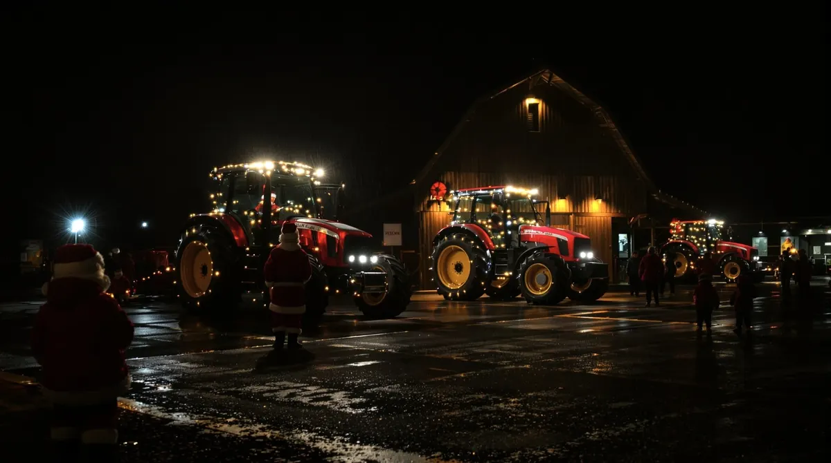 Beleuchtete Trecker erreichen nachts einen Hof mit Holzscheune, Kinder und Weihnachtsmann schauen zu