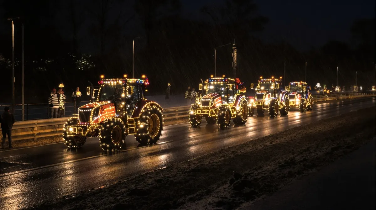 Geschmückte Trecker fahren abends an der Oste entlang, Lichter spiegeln sich im Fluss