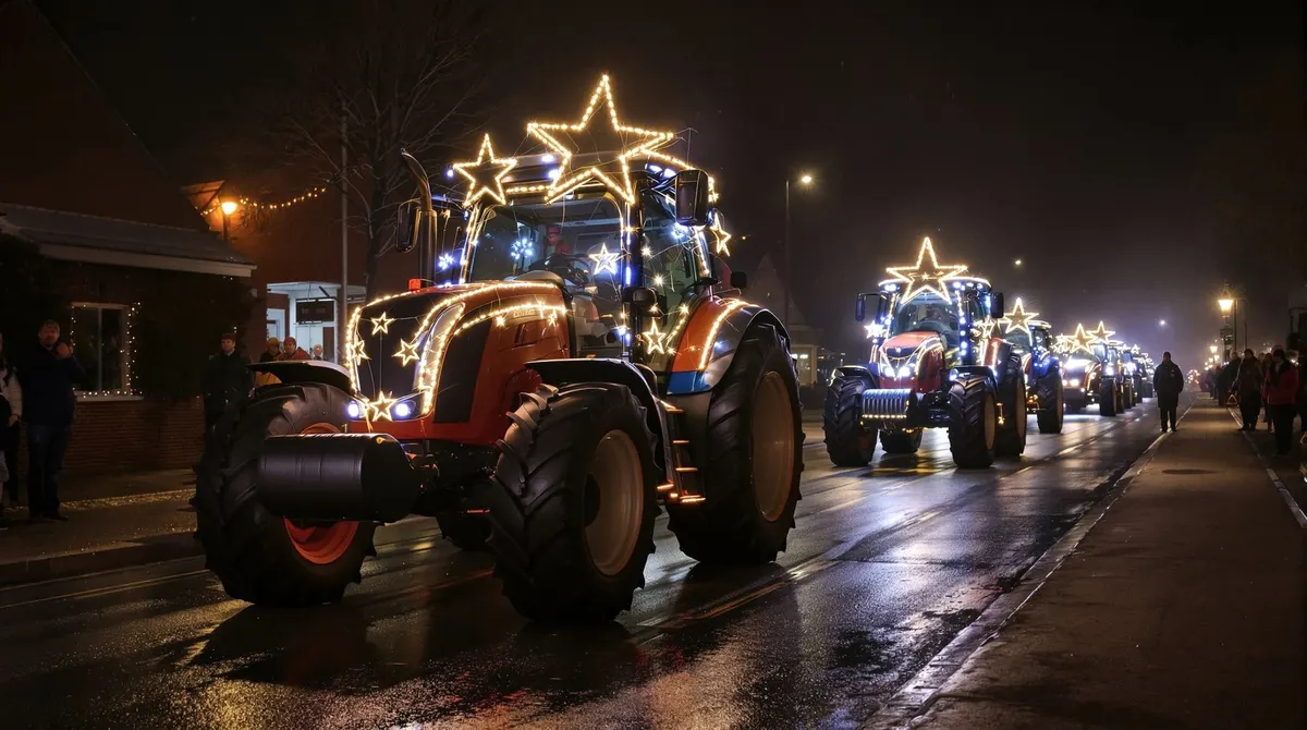 Trecker mit LED-Lichtern und leuchtenden Sternen am Fahrerhaus, dahinter weitere beleuchtete Trecker