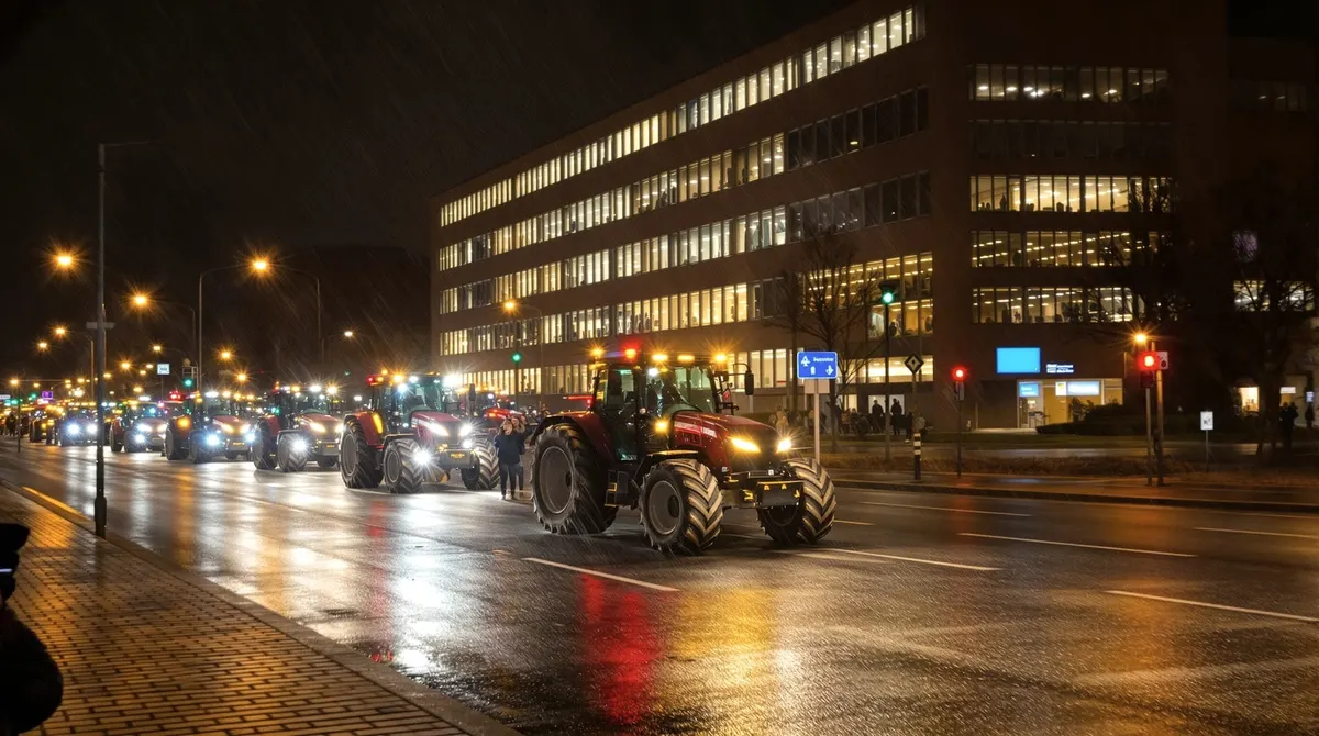 Beleuchtete Trecker fahren nachts im Konvoi auf ein großes Klinikgebäude mit hellen Fenstern zu