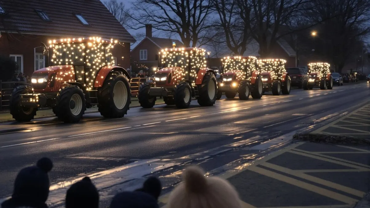Lichterfahrt mit beleuchteten Treckern durch ein norddeutsches Dorf am Abend